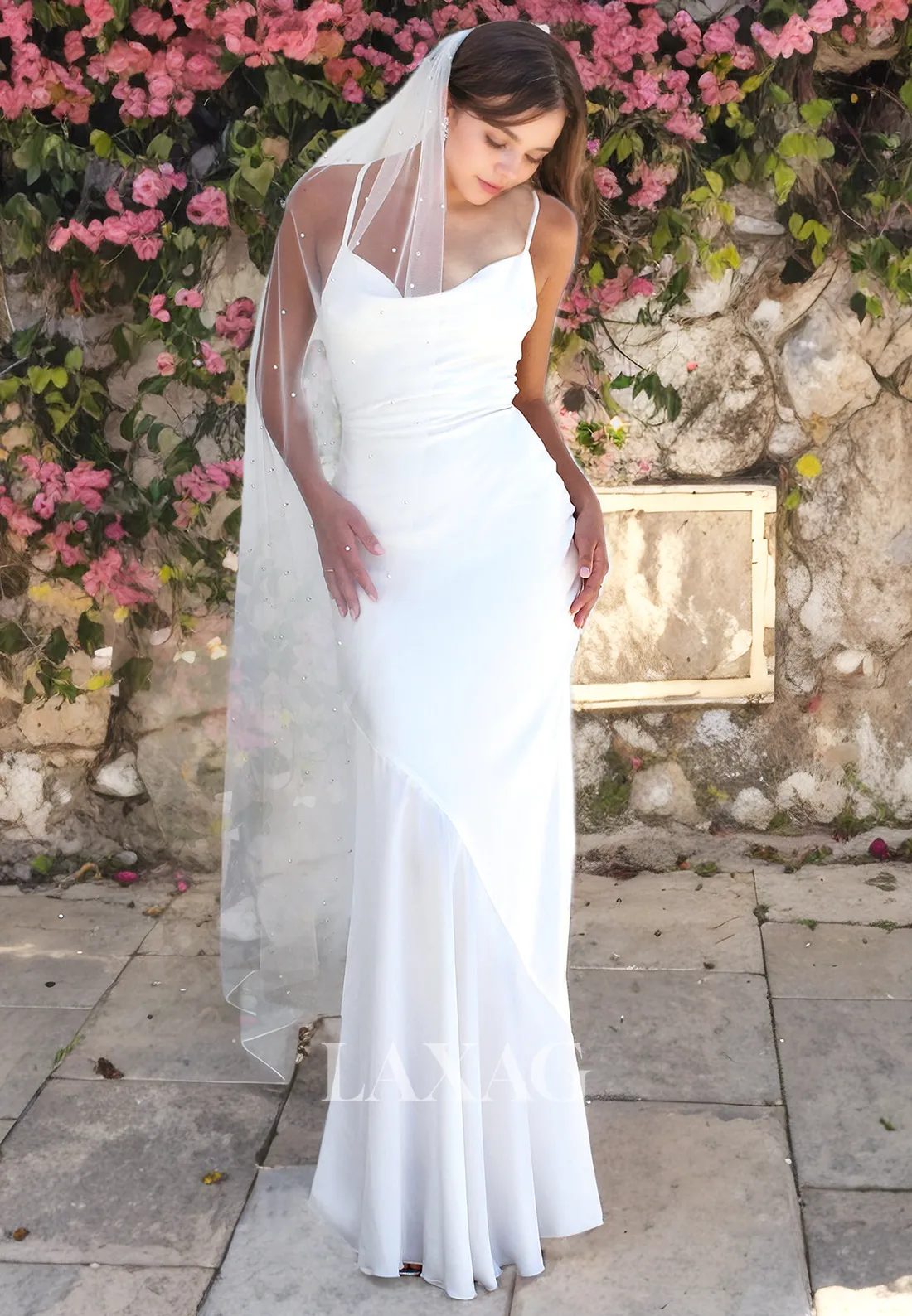 Spaghetti Straps Backless Mermaid Sleek Satin Wedding Dress with Train