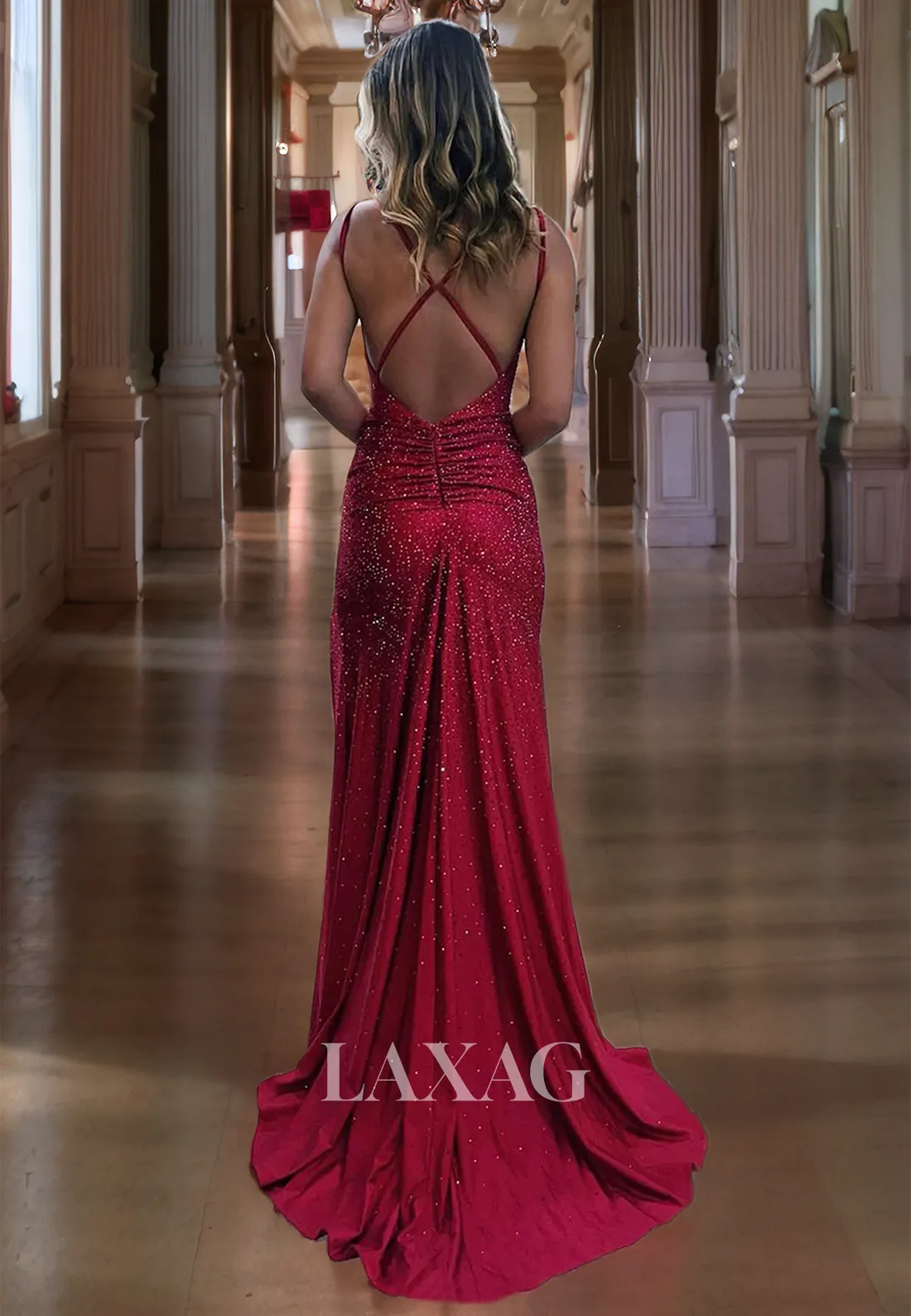 Sparkly Burgundy Backless Evening Prom Dress with Spaghetti Straps Night Party Dress