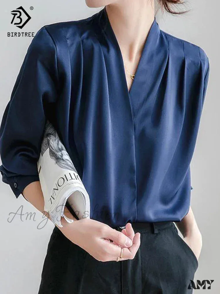 Spring Elegant Satin Lantern Sleeve V-Neck Navy Blouse