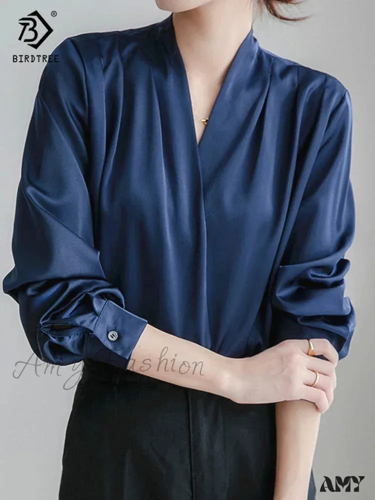 Spring Elegant Satin Lantern Sleeve V-Neck Navy Blouse