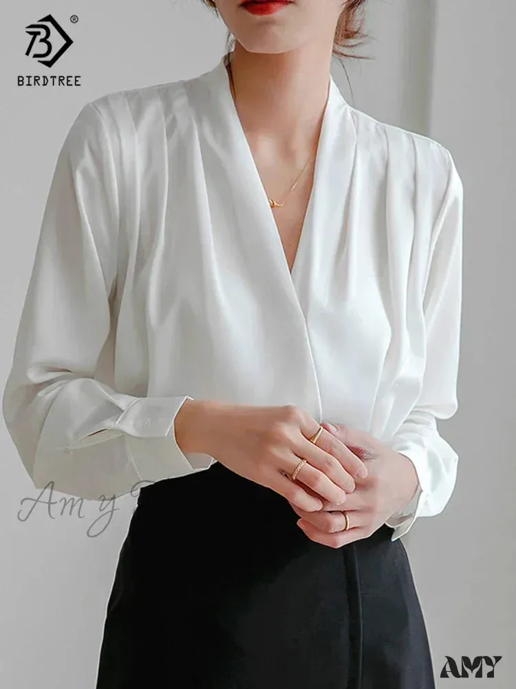 Spring Elegant Satin Lantern Sleeve V-Neck Navy Blouse