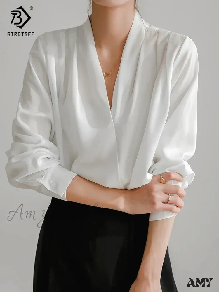 Spring Elegant Satin Lantern Sleeve V-Neck Navy Blouse