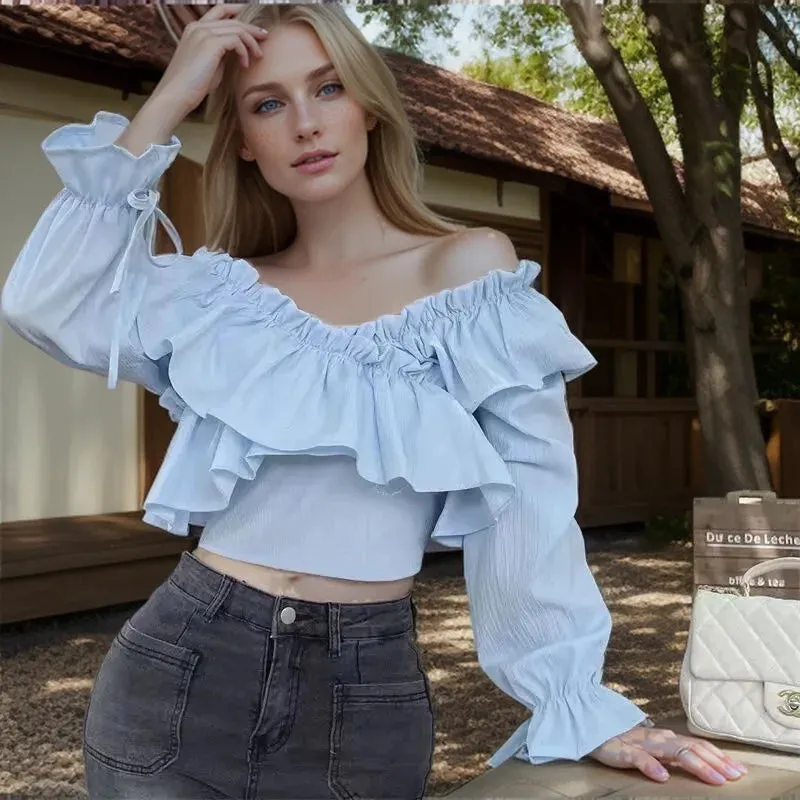 Spring Elegant Sweet Slim Ruffled Short Top Blouse