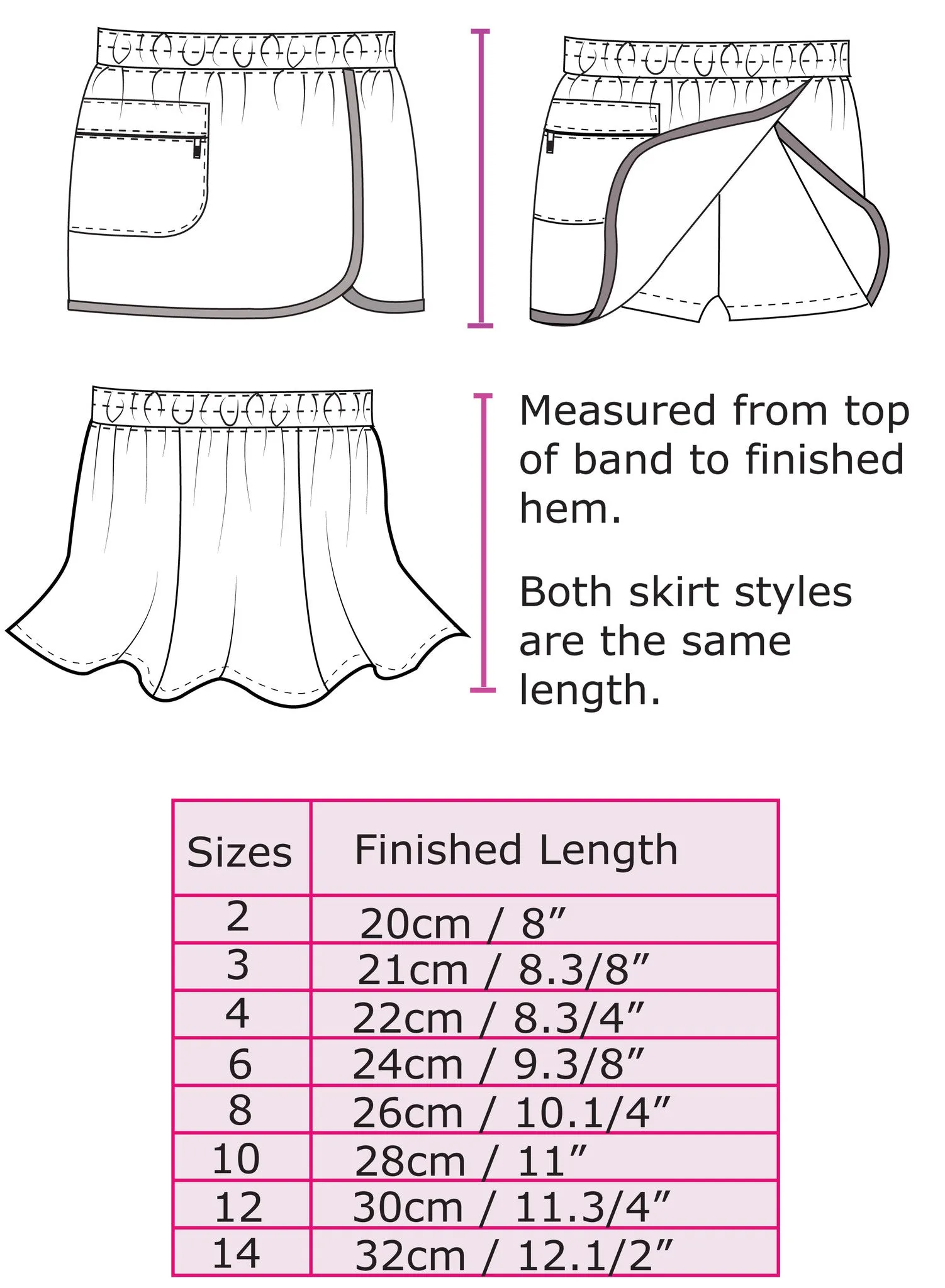 Suzie Skort pdf sewing pattern for girls skort/shorts sizes 2 to 14 years, 2 overskirt styles