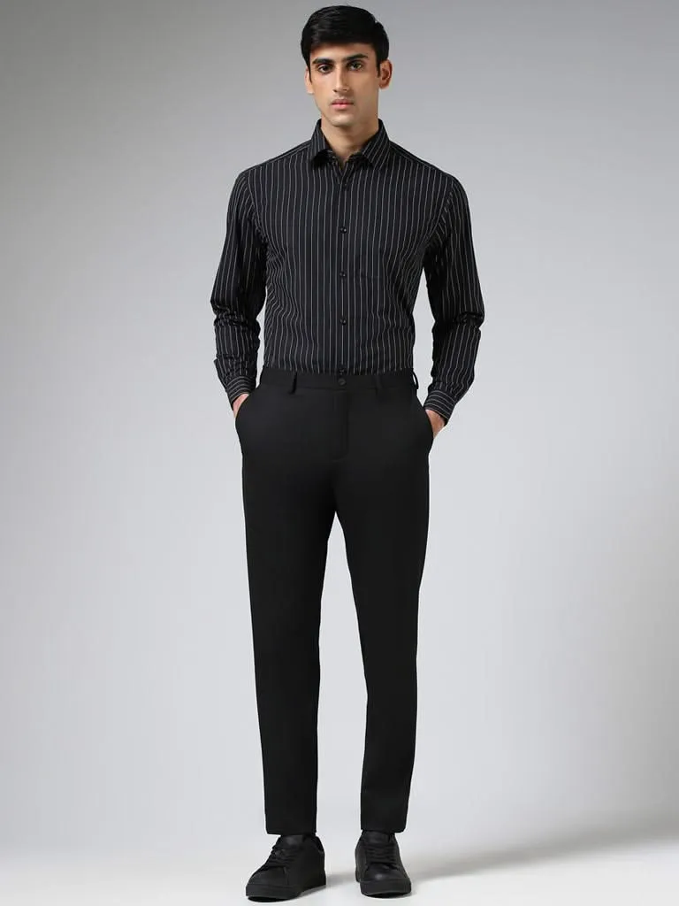 WES Formals Solid Black Slim-Fit Mid-Rise Trousers