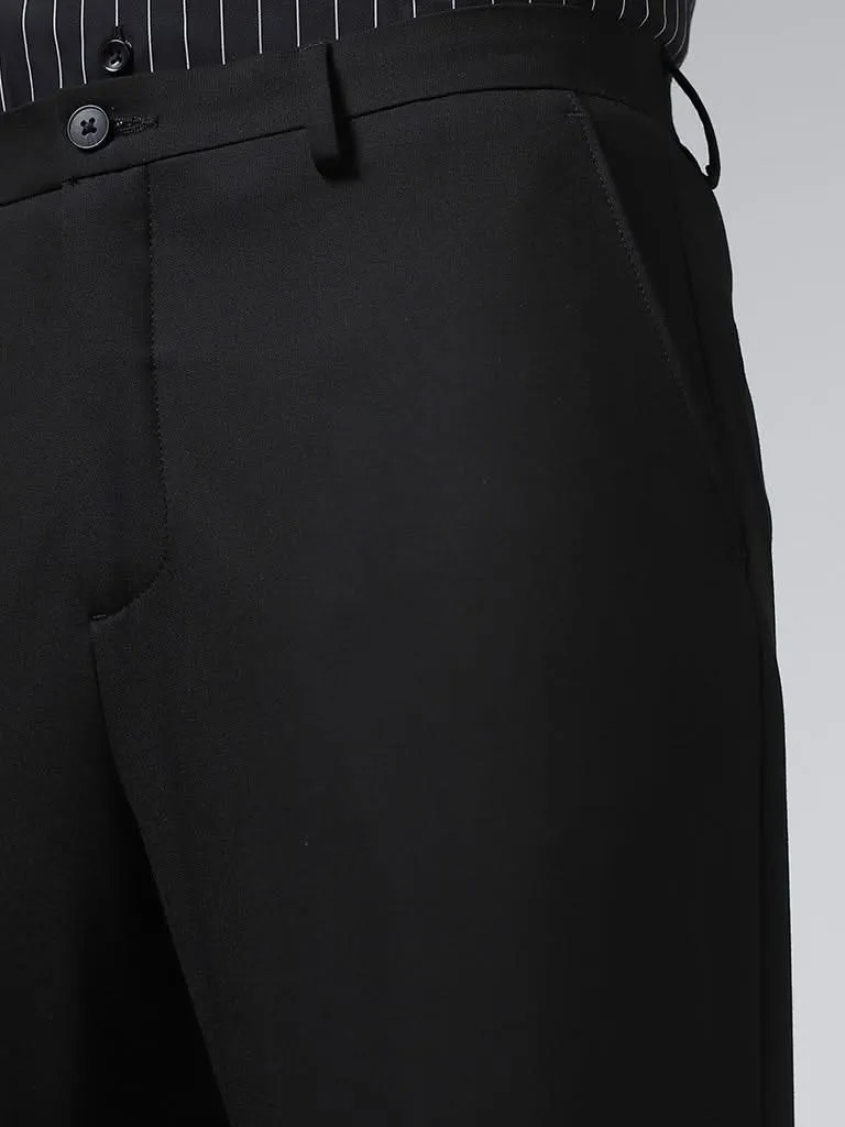 WES Formals Solid Black Slim-Fit Mid-Rise Trousers