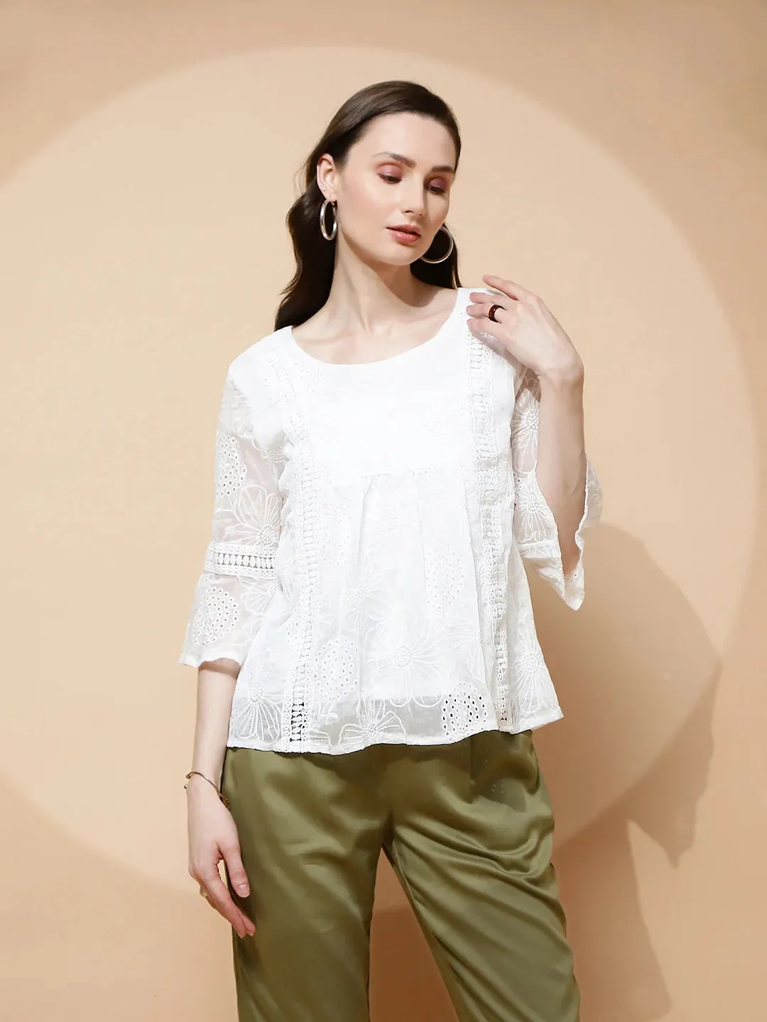 White Polyester Blend Regular Fit Blouse For Women