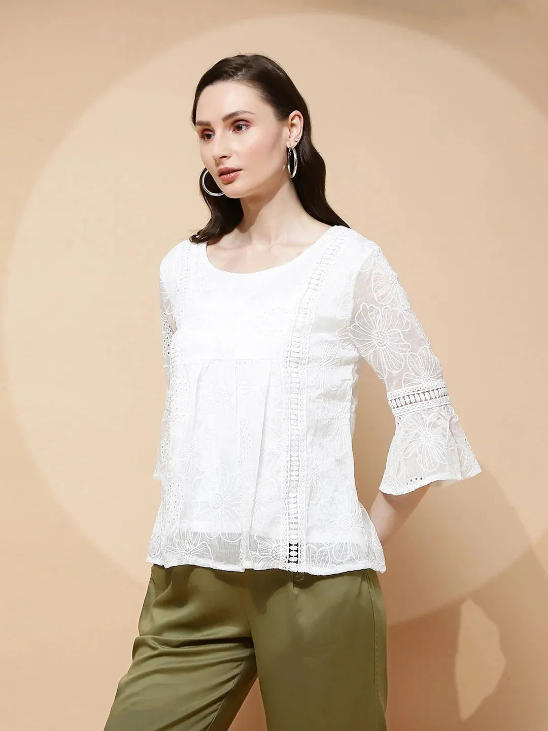 White Polyester Blend Regular Fit Blouse For Women