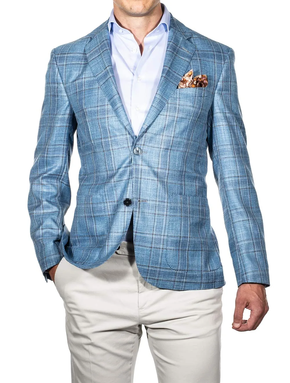 Wool Silk Linen Check Jacket Blue