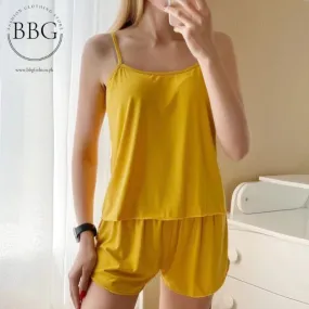 Yellow Women Sexy Satin Pajamas Sets Short Sling Top with Cami Shorts